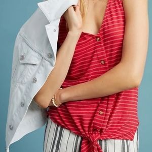 Pretty T.LA Anthropologie Red & White V-Neck Button Front Tie Bottom Top EUC